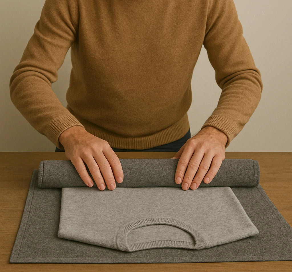 Ein Mann rollt ein Pullover in ein Handtuch