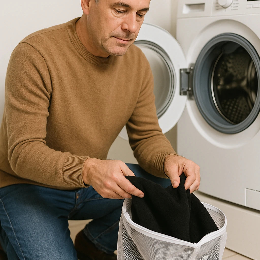 Ein Mann legt ein Pullover in den Waschbeutel