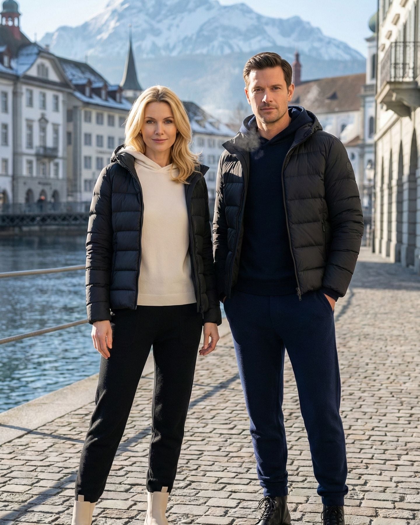 Frau im Kaschmir Hoodie in Creme und Mann im Kaschmir Hoodie in Marineblau