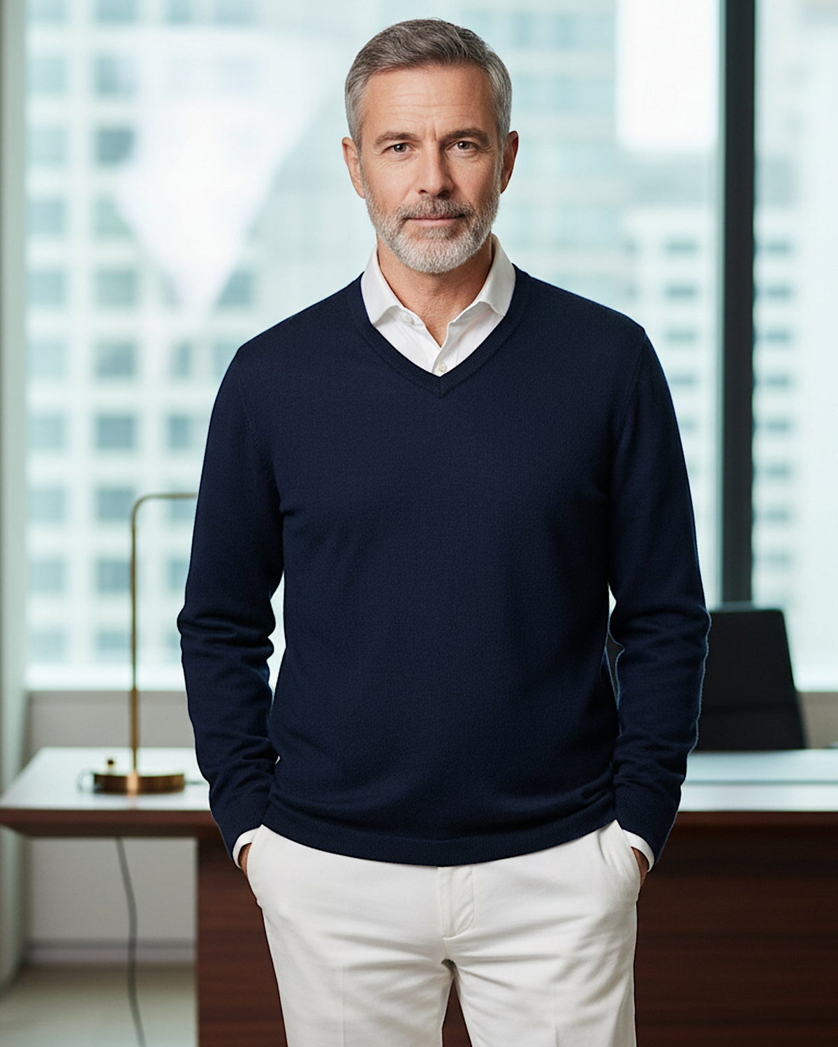 Kaschmir Essentials Pullover mit V-Ausschnitt in Marineblau getragen von KI-Model [ai-mod-b]