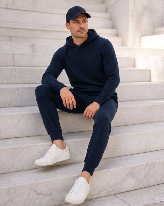Ein Mann sitzt auf den Stufen in einem Kaschmir Hoodie und Kaschmir Hose in Marineblau