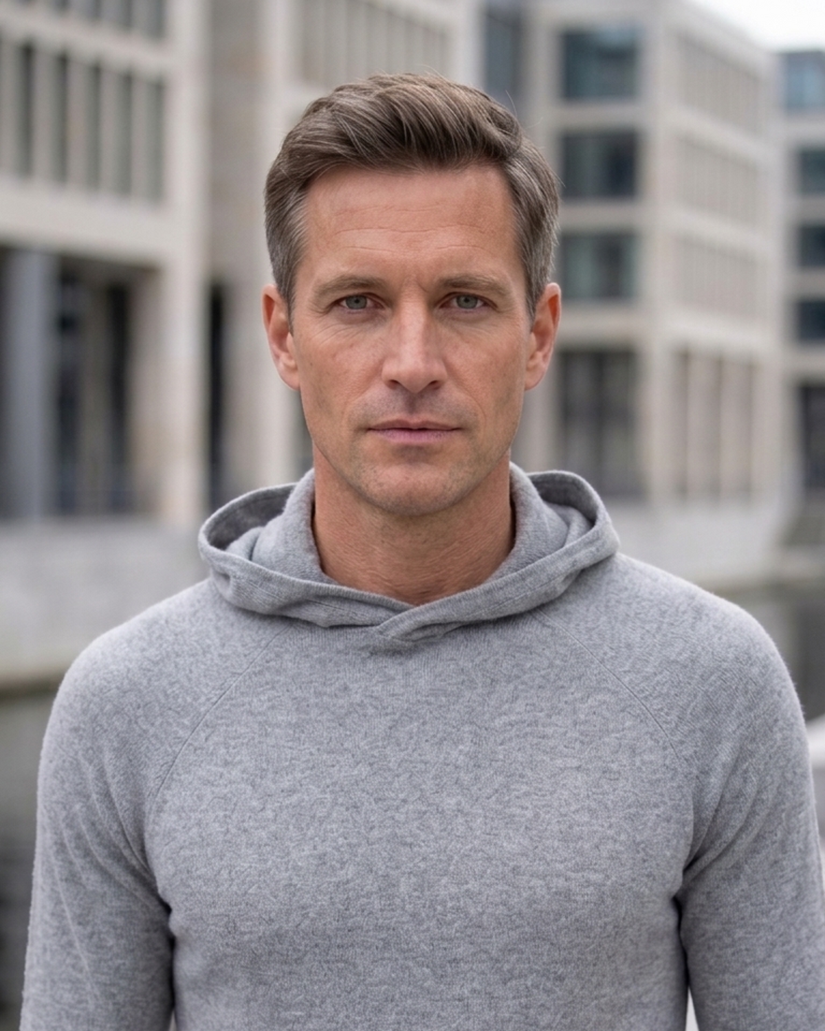 Ein Mann in einem Athletic Hoodie in Grau  [ai-mod-b]