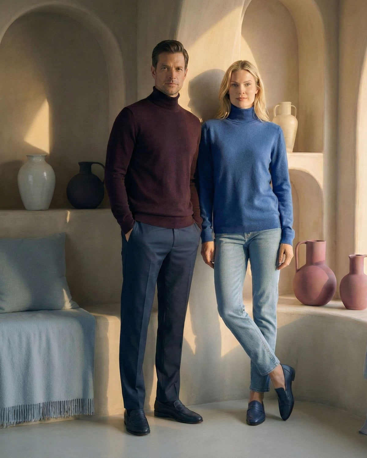 KI-Models tragen Rollkragen-Pullover in Farbe Bordeaux und Azurblau [ai-mod-b]