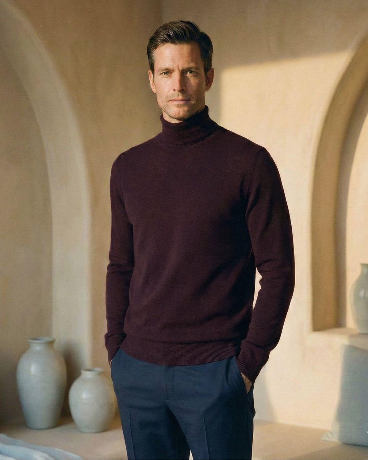 KI-Model trägt einen Rollkragen-Pullover in Farbe Bordeaux [ai-mod-b]