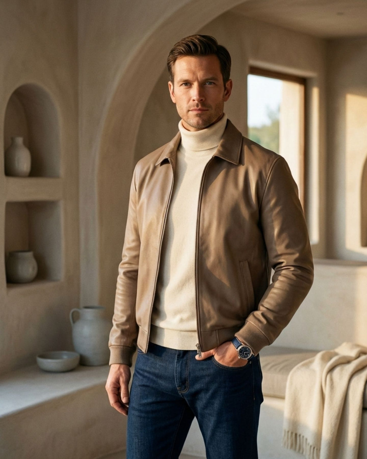 KI-Model trägt einen Rollkragen-Pullover in Farbe Creme [ai-mod-b]