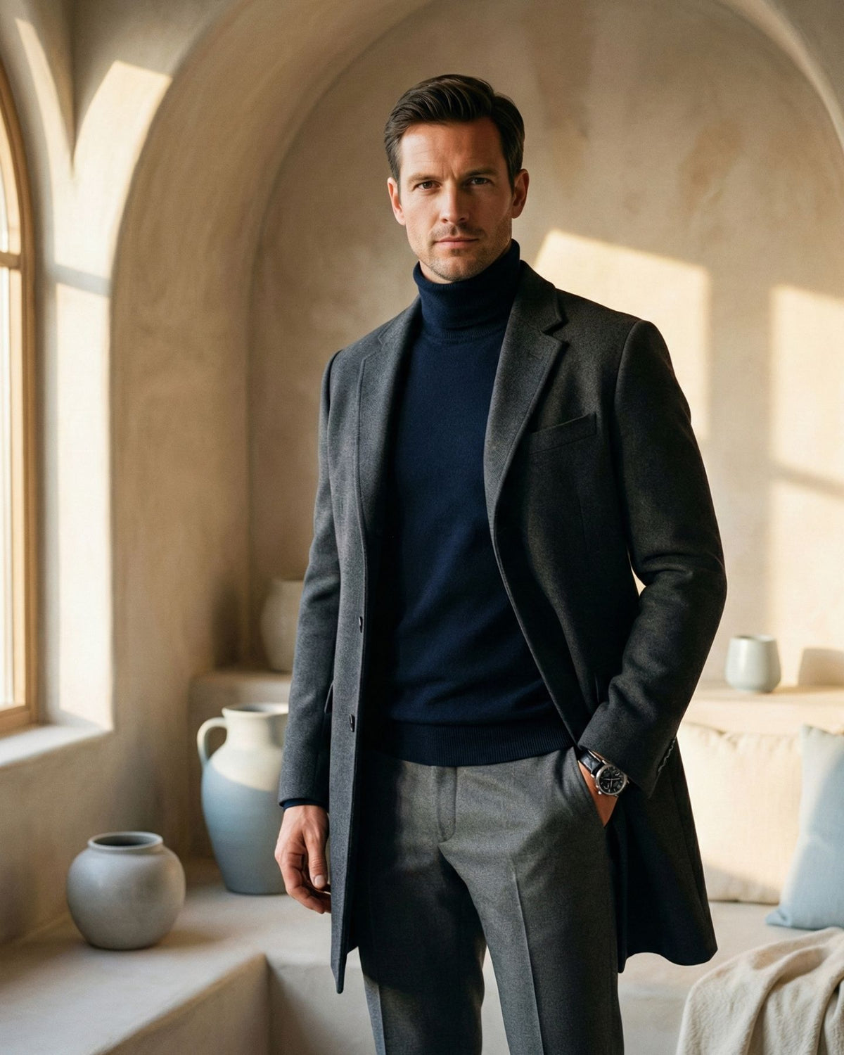KI-Model trägt einen Rollkragen-Pullover in Farbe Marineblau [ai-mod-b]