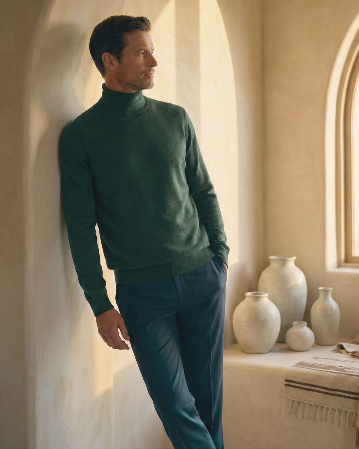 KI-Model trägt einen Rollkragen-Pullover in Farbe Moosgrün [ai-mod-b]