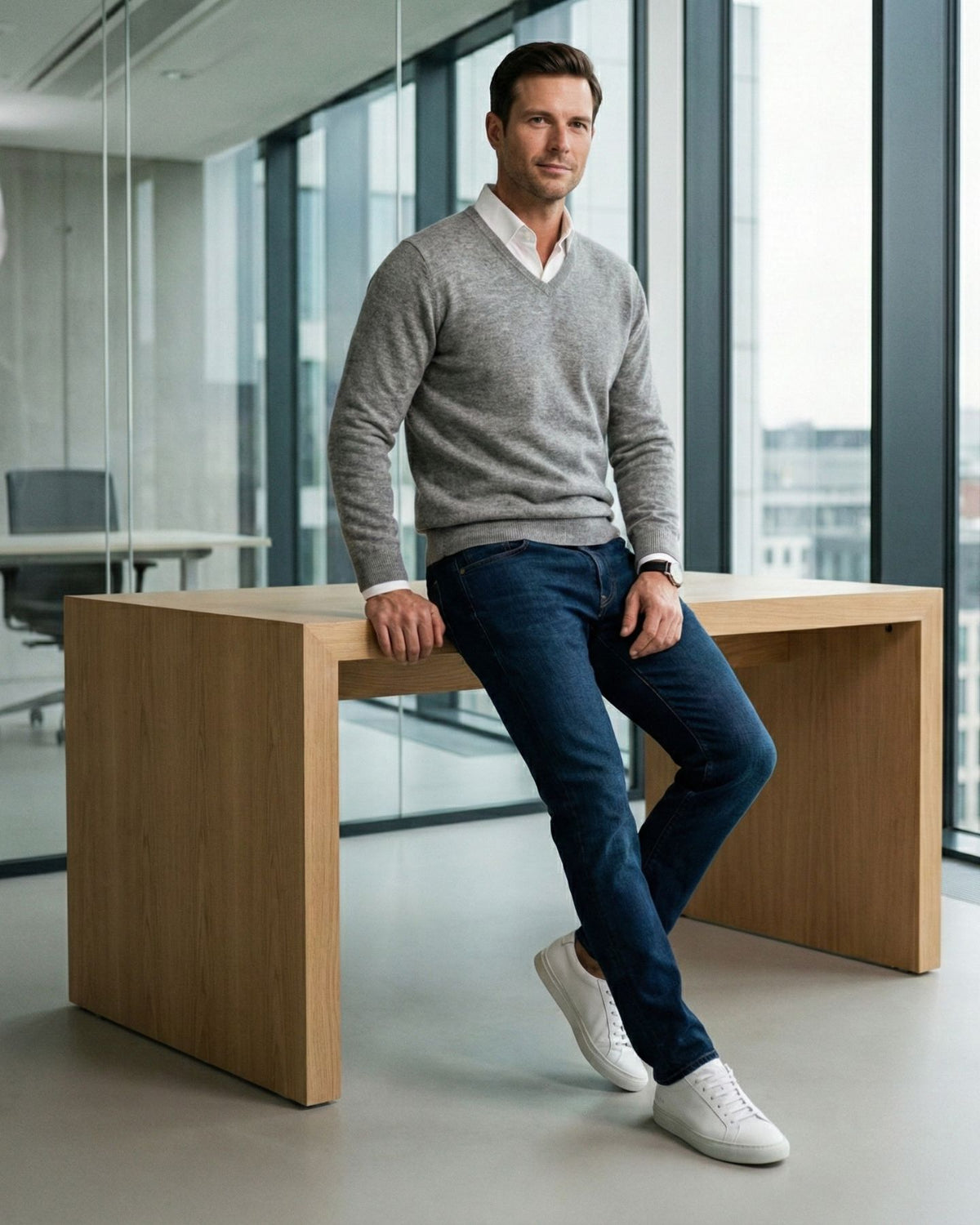 KI-Model trägt einen Pullover mit V-Ausschnitt in Farbe Hellgrau [ai-mod-b]