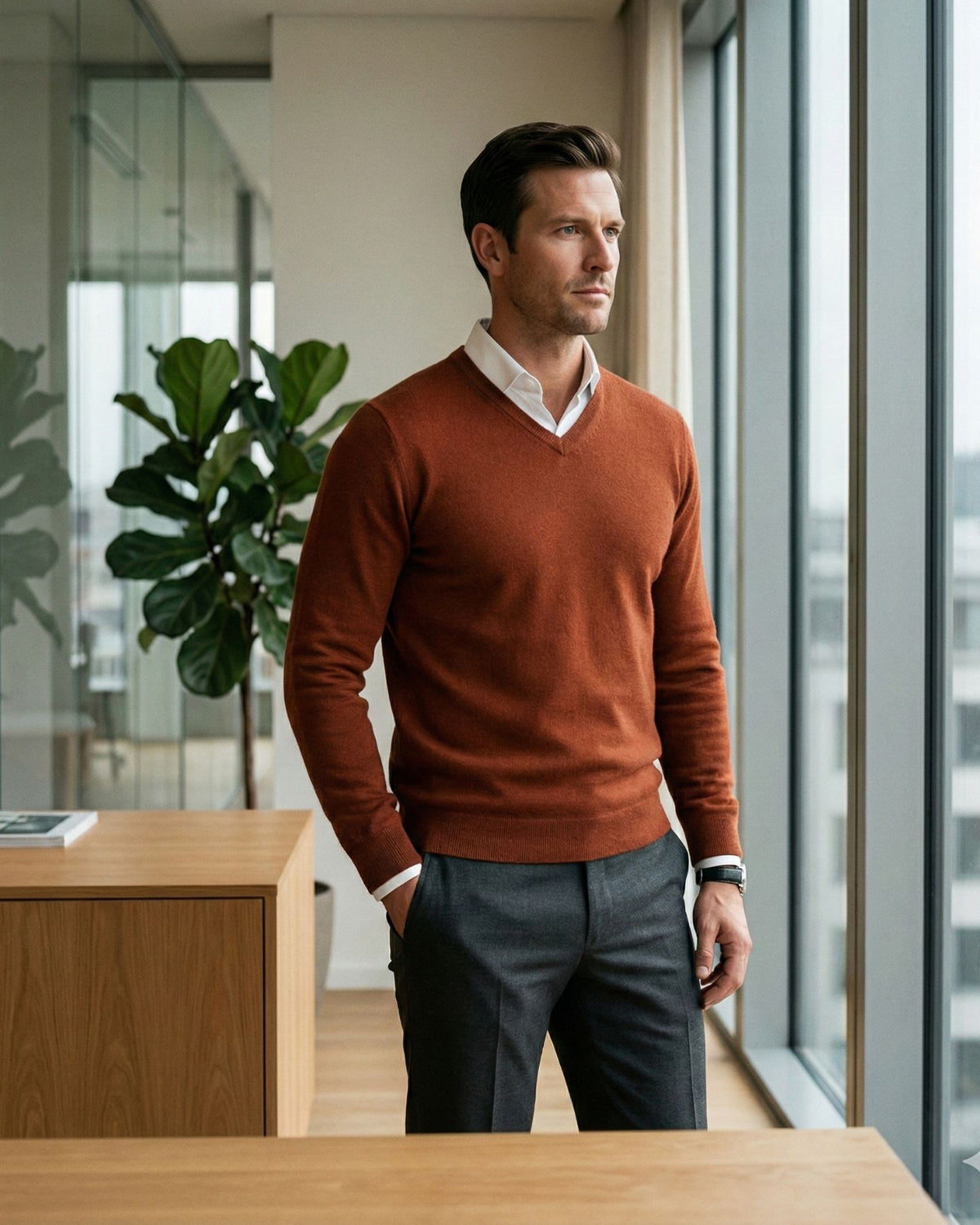 KI-Model trägt einen Pullover mit V-Ausschnitt in Farbe Ziegelrot [ai-mod-b]